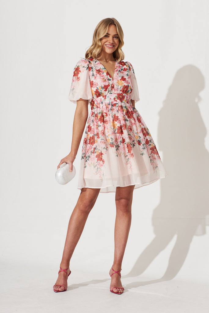 Barbara Dress In Blush Floral Placement Print - full length