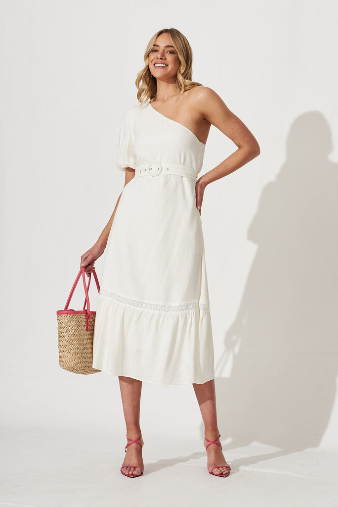 Bebe One Shoulder Midi Dress In Cream Cotton Linen Blend - full length