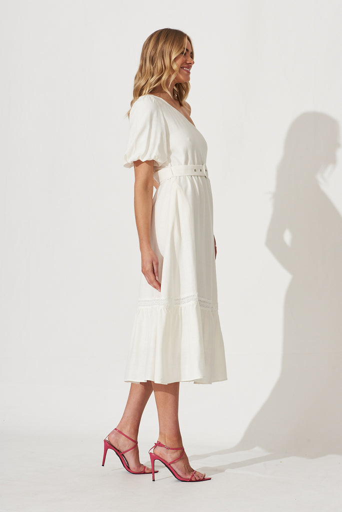 Bebe One Shoulder Midi Dress In Cream Cotton Linen Blend - right side