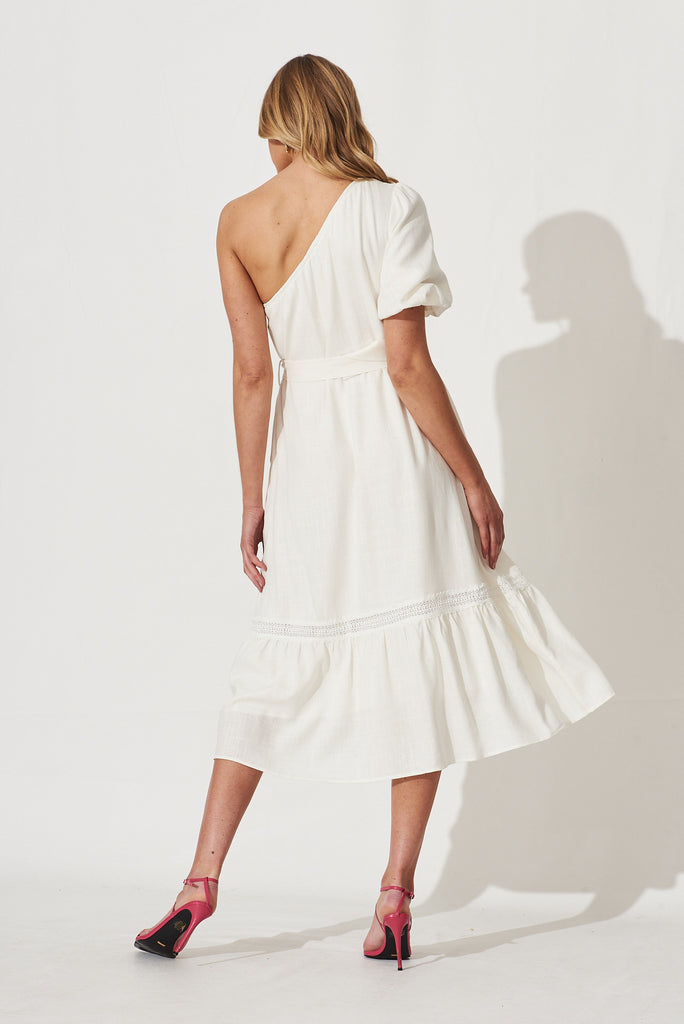 Bebe One Shoulder Midi Dress In Cream Cotton Linen Blend - back