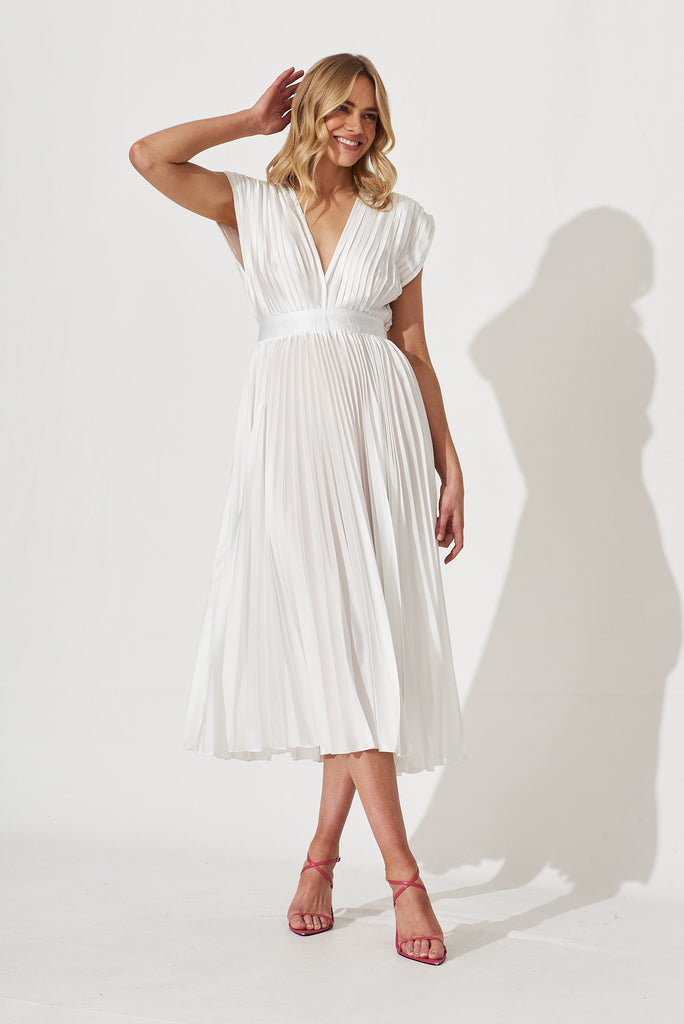 Anetta Midi Dress In Pleated White Satin - full length