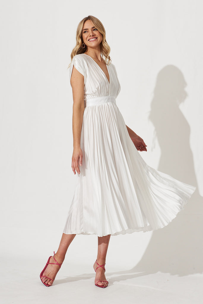 Anetta Midi Dress In Pleated White Satin - full length