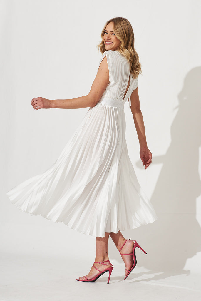 Anetta Midi Dress In Pleated White Satin - side