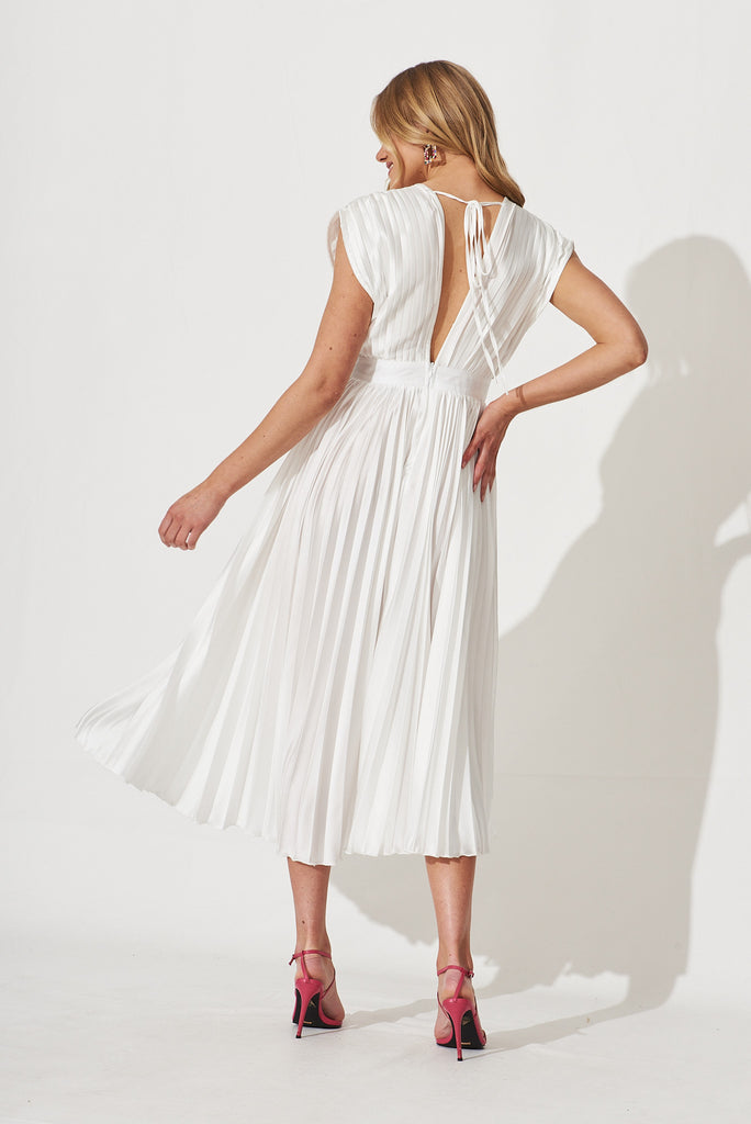 Anetta Midi Dress In Pleated White Satin - back