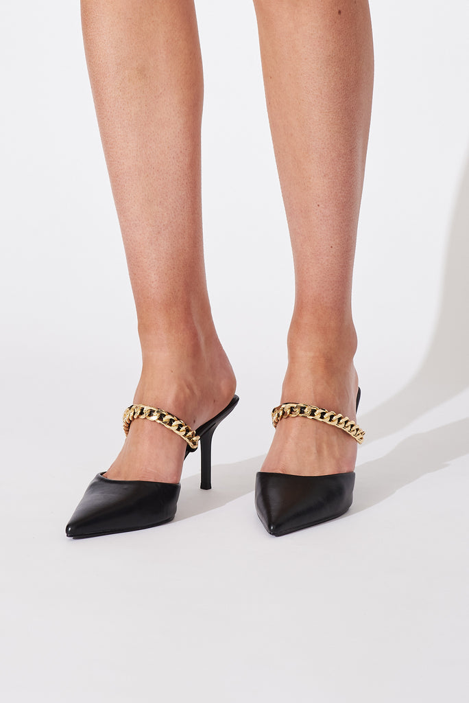 August + Delilah Winona Gold Chain Closed Toe Heels In Black - front