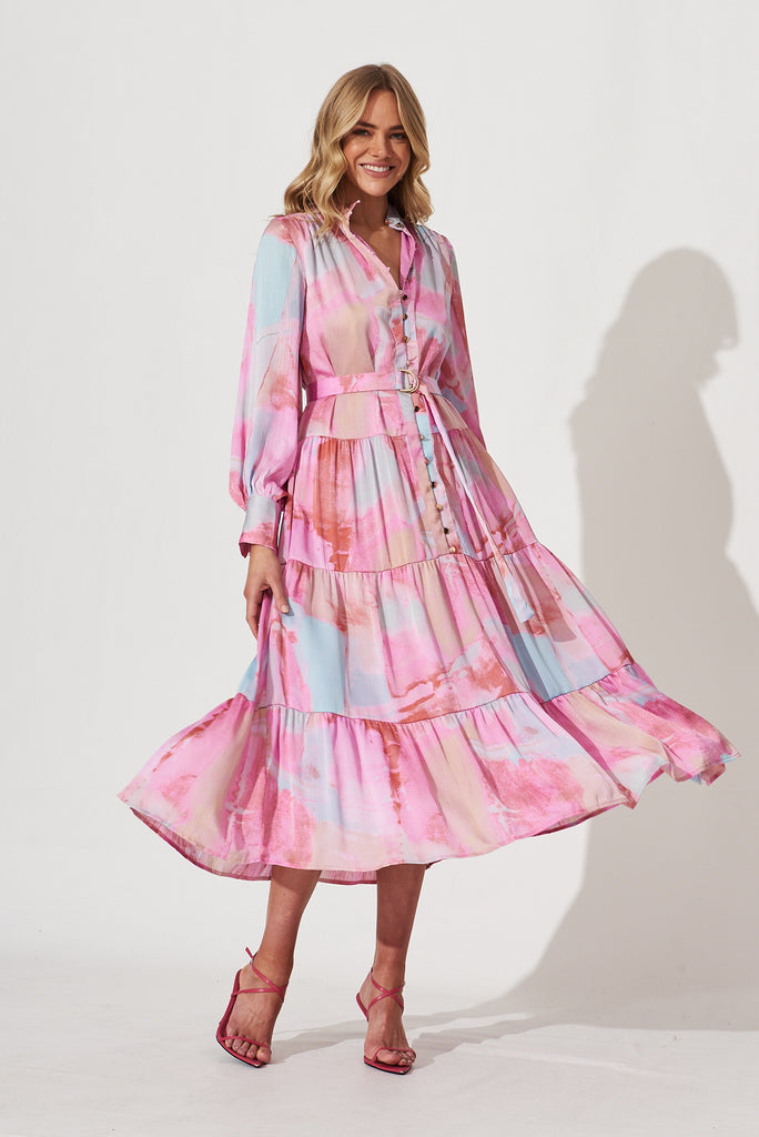 Normani Midi Dress In Pink With Blue Watercolour Chiffon - full length