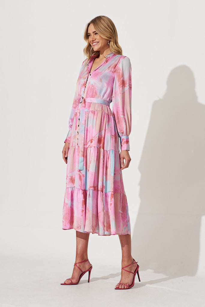 Normani Midi Dress In Pink With Blue Watercolour Chiffon - side