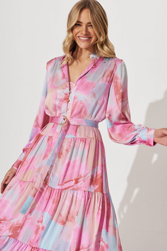 Normani Midi Dress In Pink With Blue Watercolour Chiffon - front