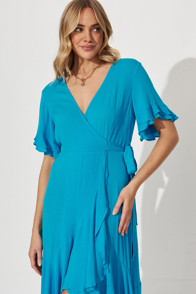 Daphney Midi Wrap Dress In Blue - front