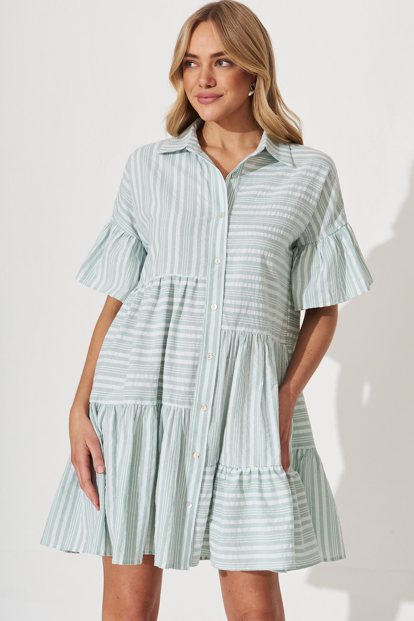 Freya Shirt Dress In Green With White Stripe - front