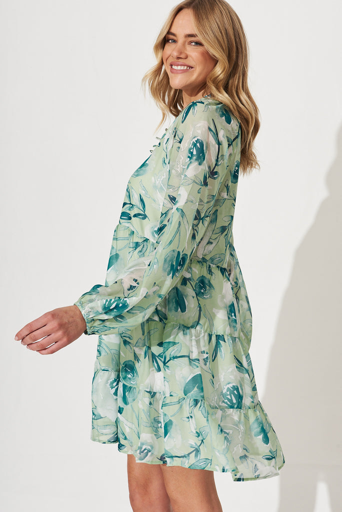 Oleta Dress In Sage With Petrol Floral Print Cotton Blend - side