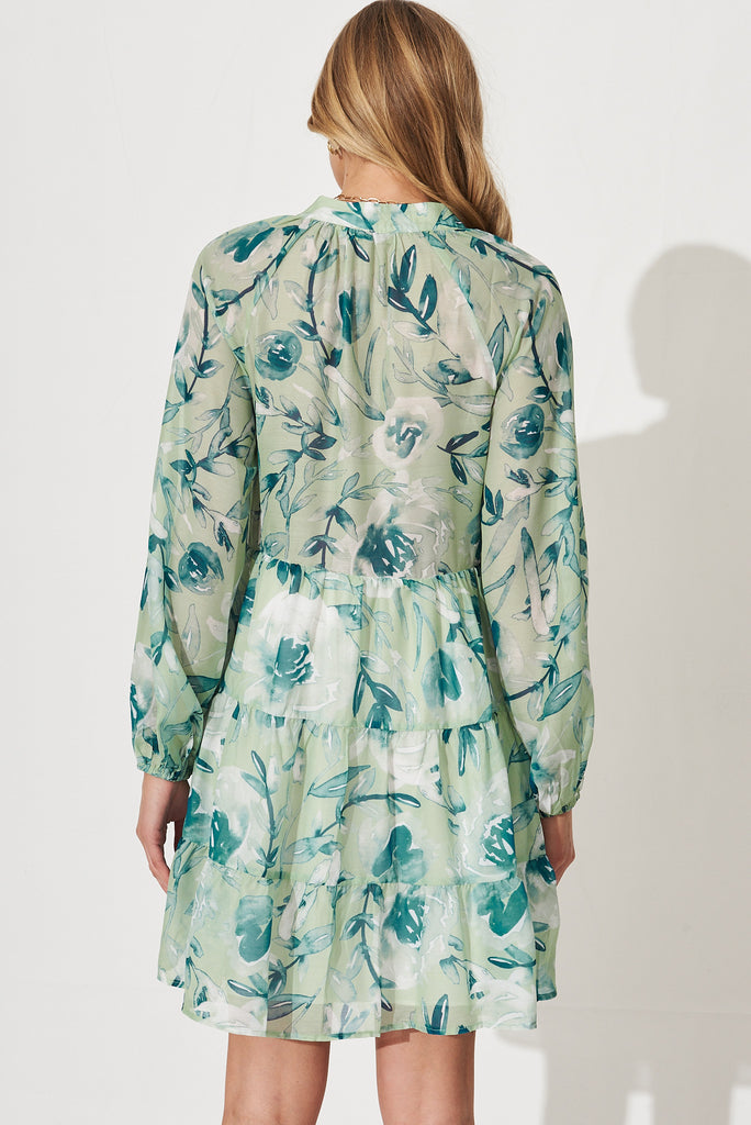 Oleta Dress In Sage With Petrol Floral Print Cotton Blend - back