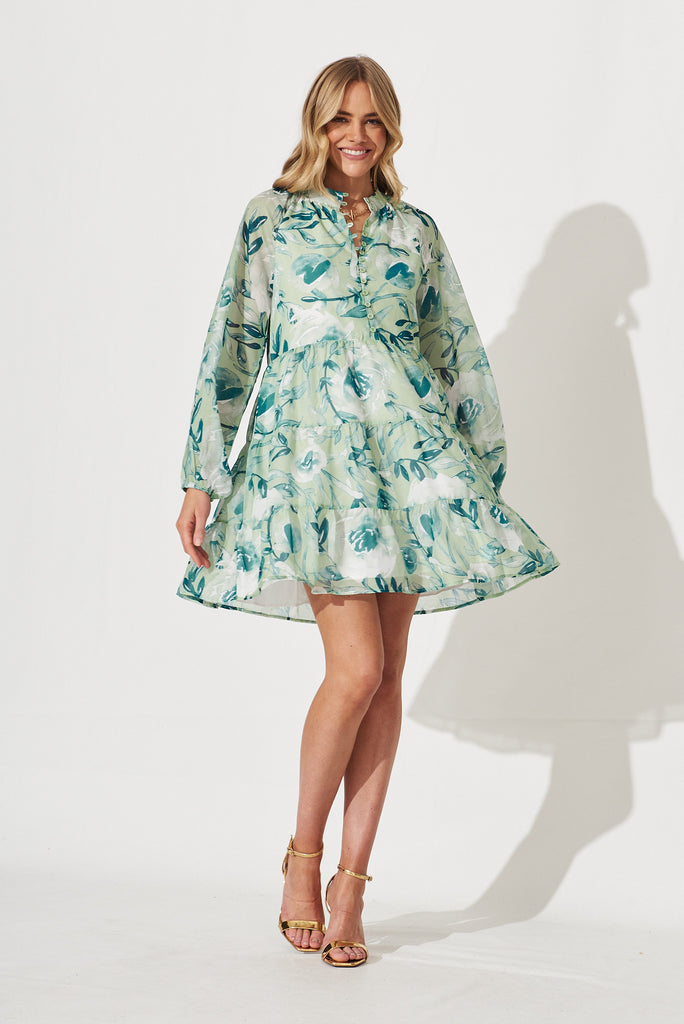 Oleta Dress In Sage With Petrol Floral Print Cotton Blend - full length