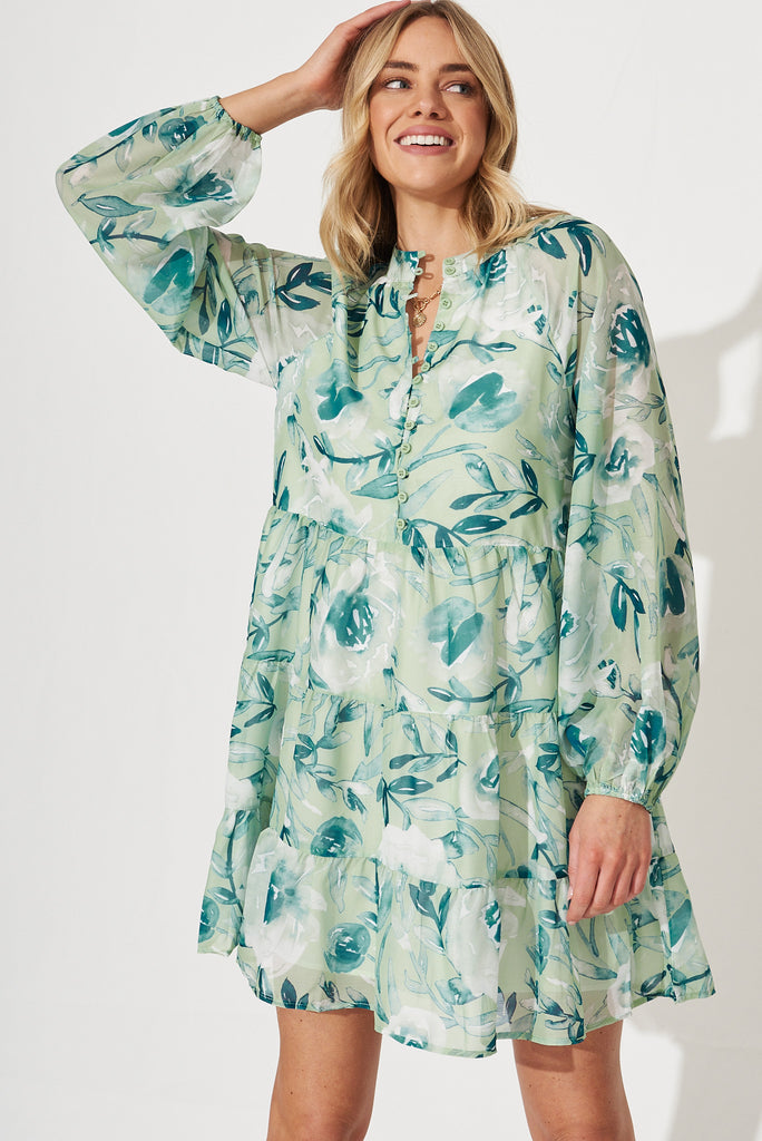 Oleta Dress In Sage With Petrol Floral Print Cotton Blend - front