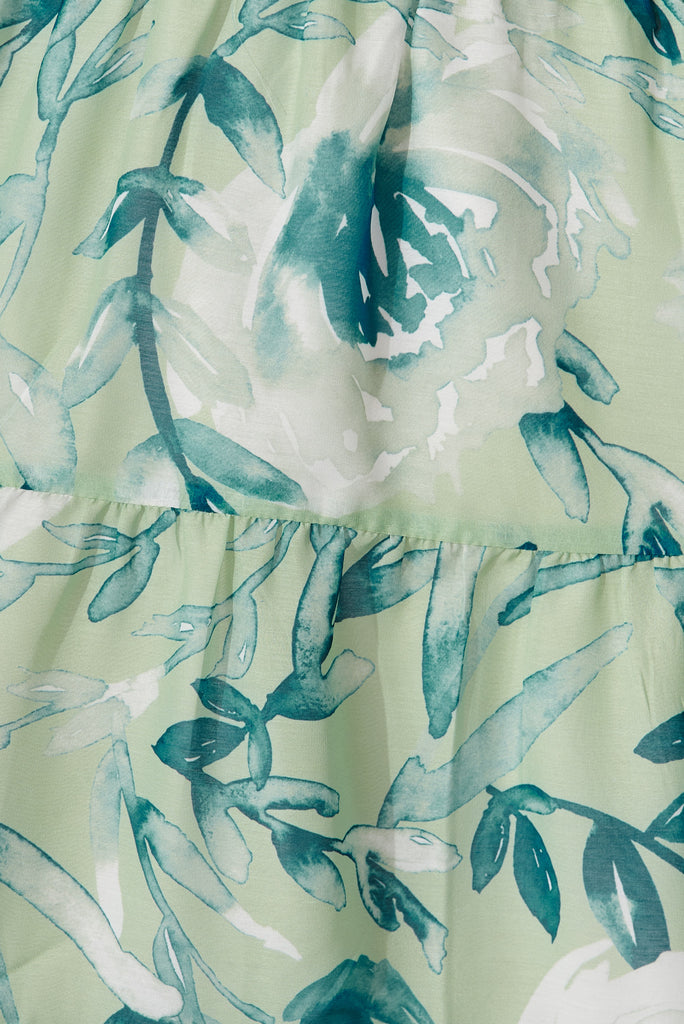 Oleta Dress In Sage With Petrol Floral Print Cotton Blend - fabric 