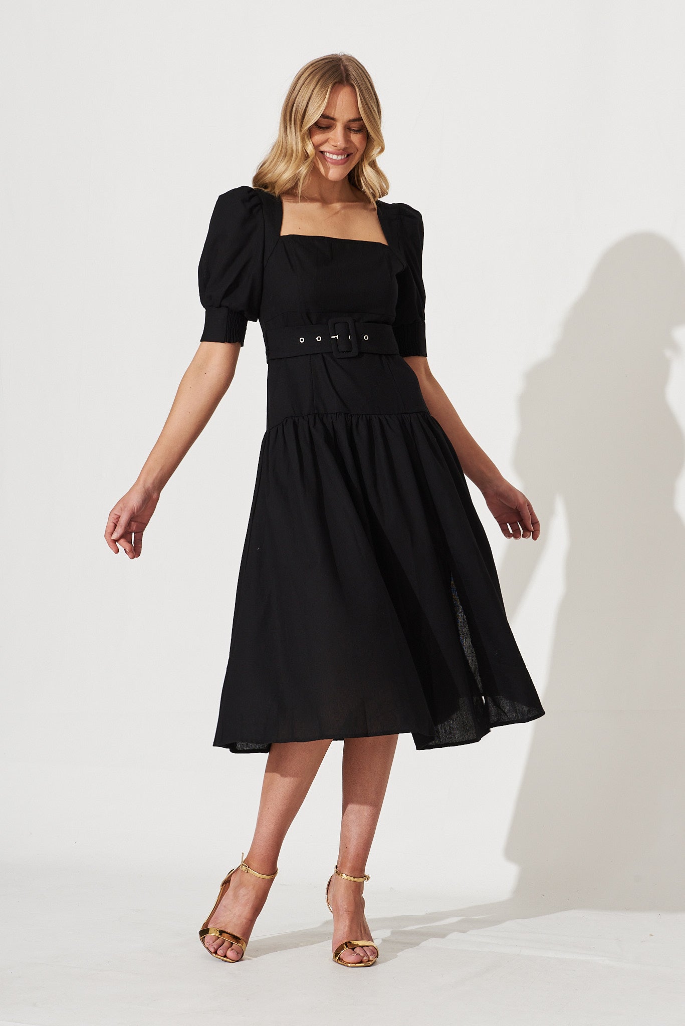 Fantasia Midi Dress In Black Cotton Linen Blend - full length