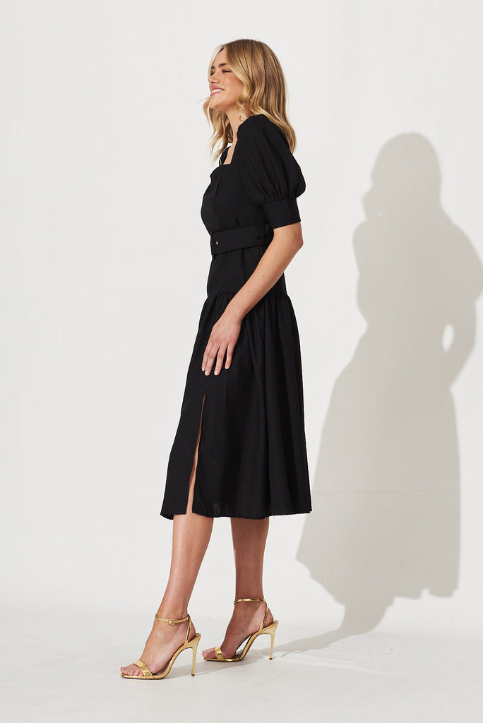 Fantasia Midi Dress In Black Cotton Linen Blend - side