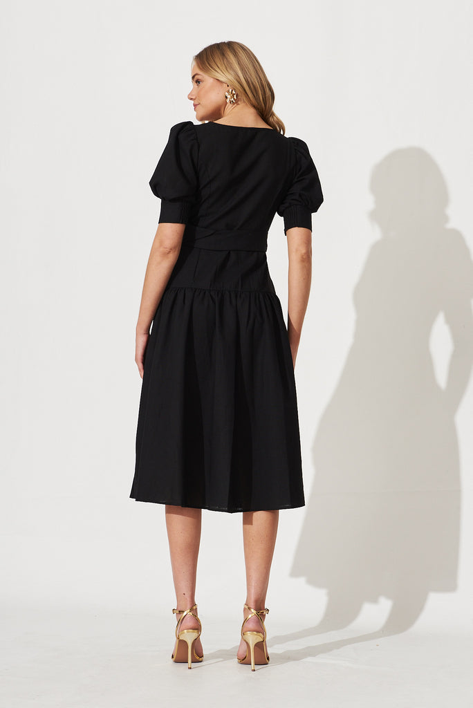 Fantasia Midi Dress In Black Cotton Linen Blend - back