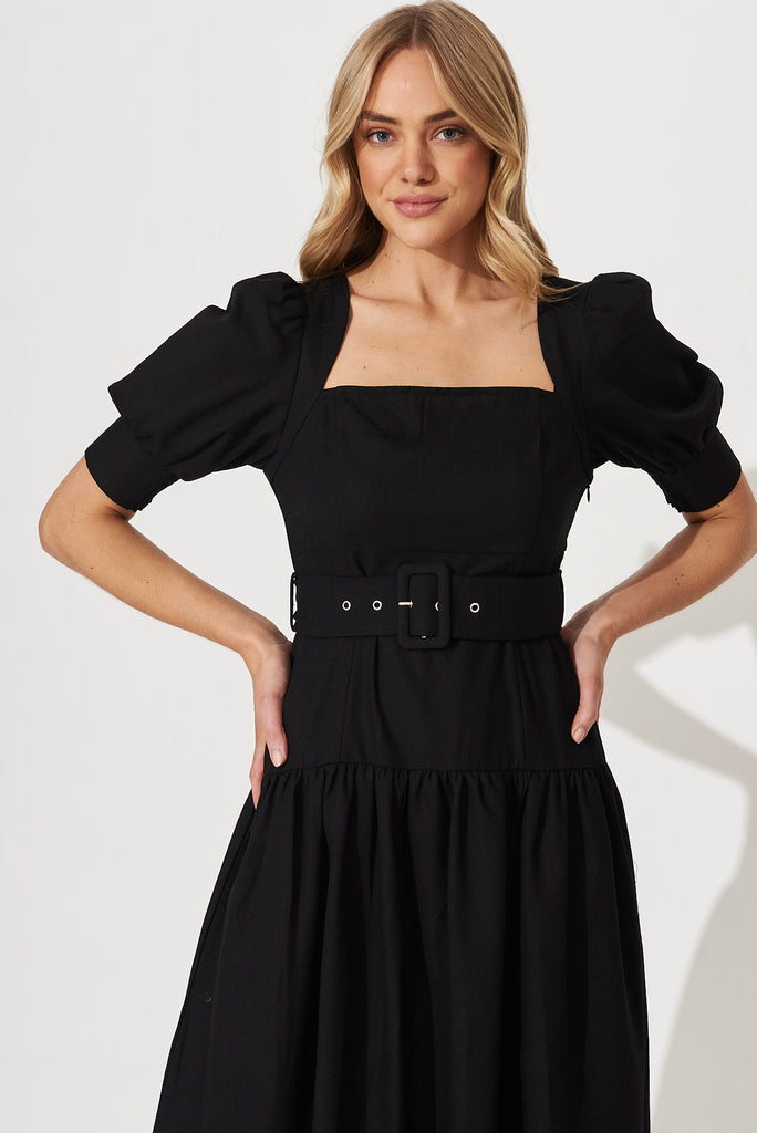 Fantasia Midi Dress In Black Cotton Linen Blend - front