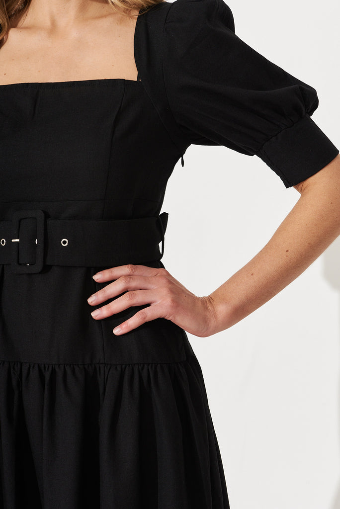 Fantasia Midi Dress In Black Cotton Linen Blend - detail