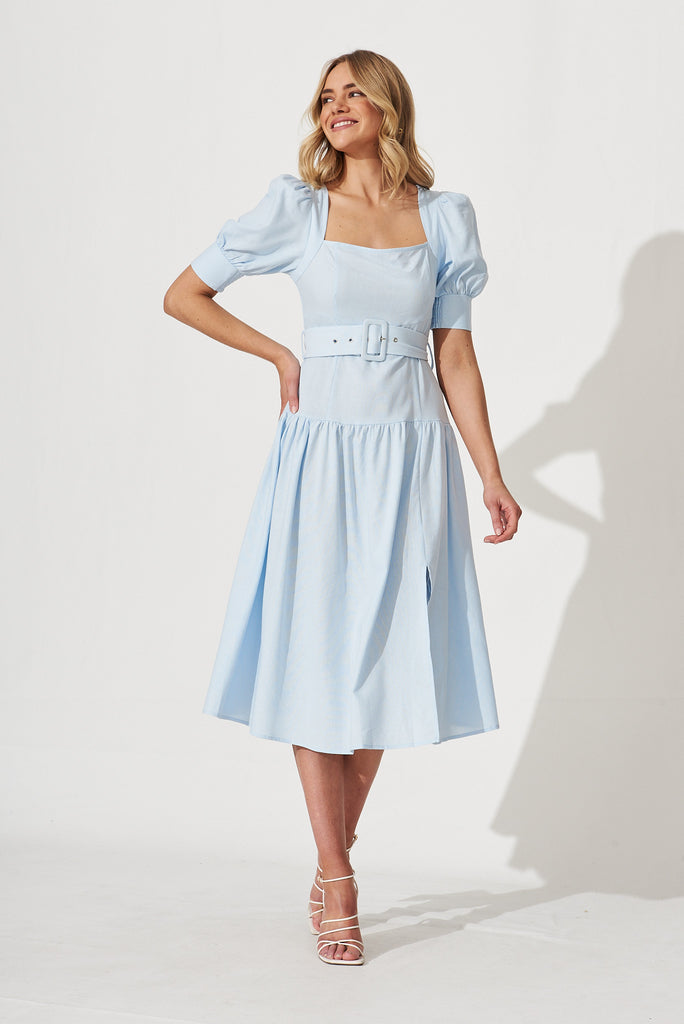 Fantasia Midi Dress In Pale Blue Cotton Linen Blend - full length