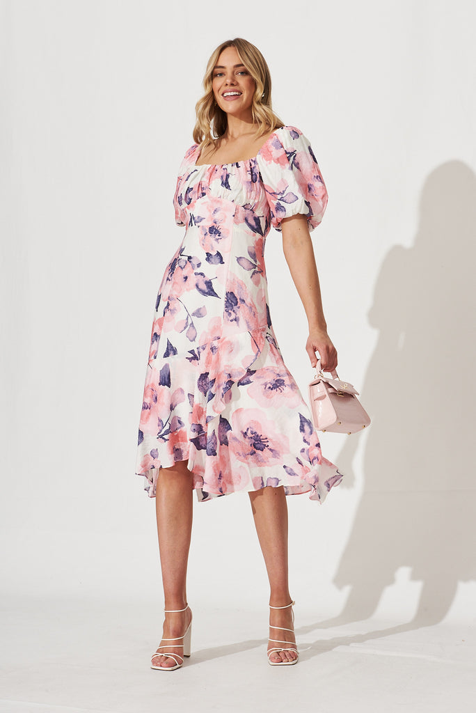 Rozella Midi Dress In White With Pink Floral Print Cotton Blend - full length