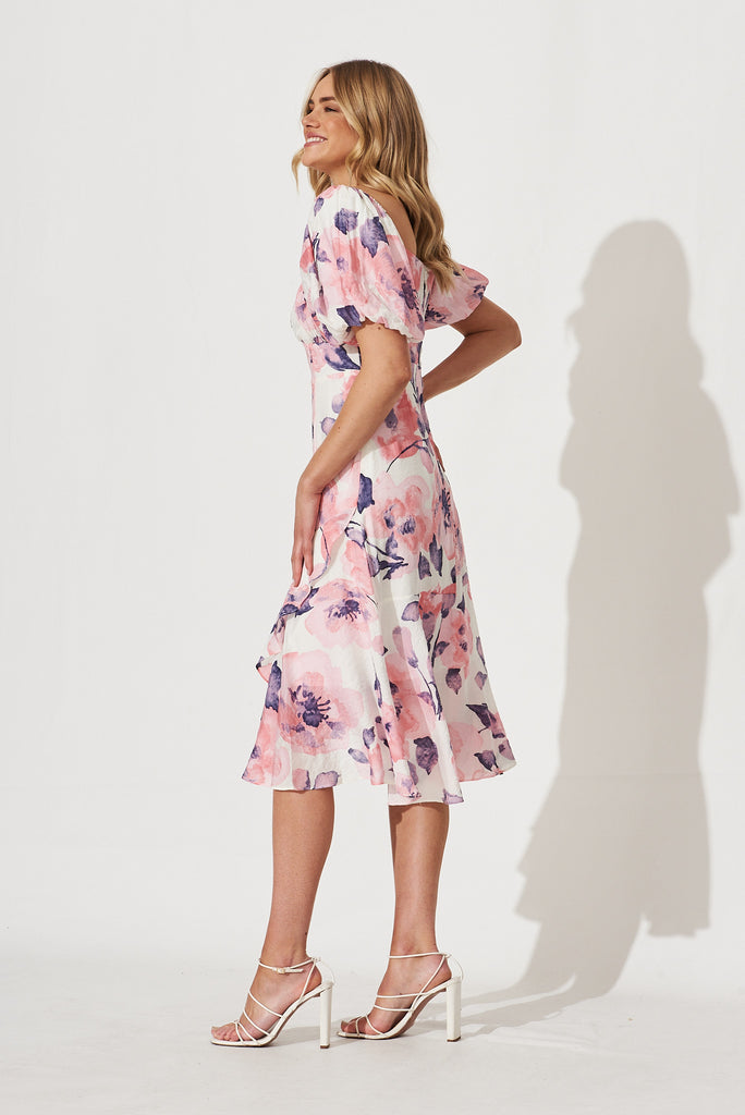 Rozella Midi Dress In White With Pink Floral Print Cotton Blend - side