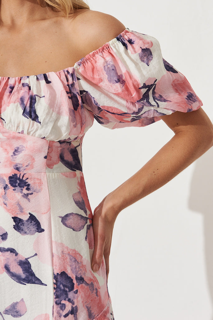 Rozella Midi Dress In White With Pink Floral Print Cotton Blend - detail