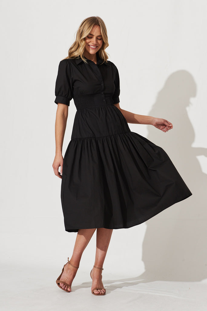 Fairfax Midi Shirt Dress In Black Cotton - full length