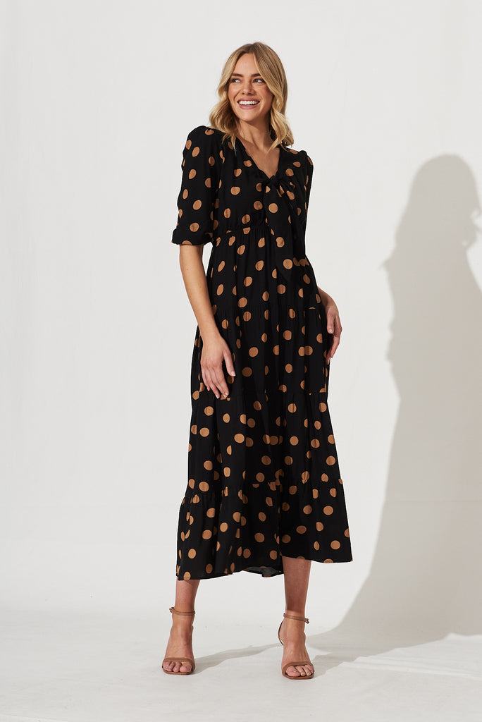 Ruth Midi Dress In Black With Brown Spot - full length
