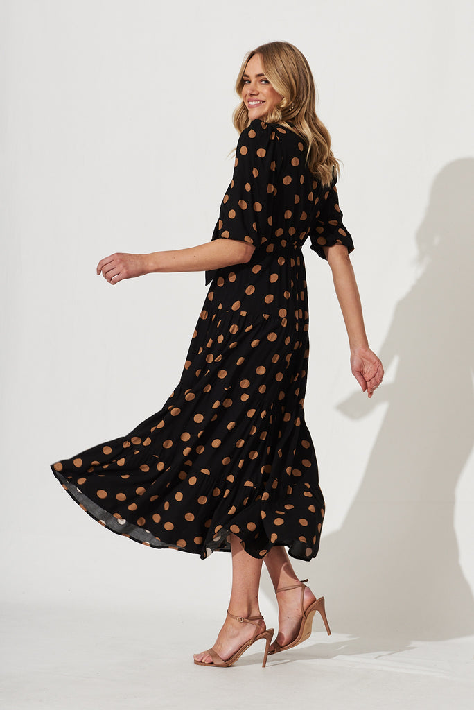 Ruth Midi Dress In Black With Brown Spot - side
