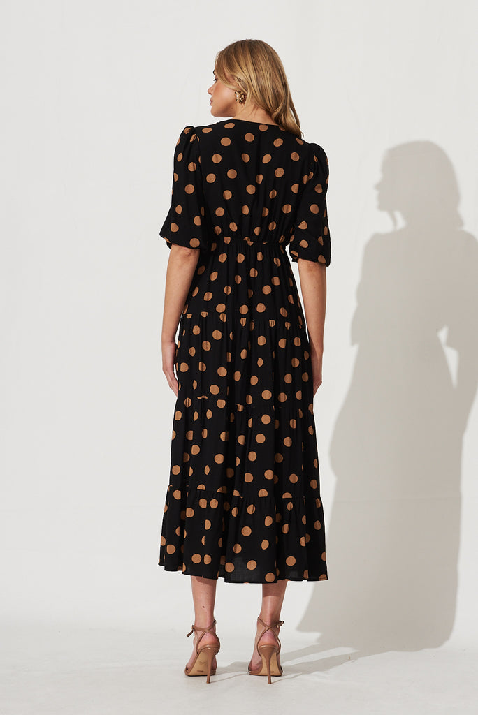 Ruth Midi Dress In Black With Brown Spot - back