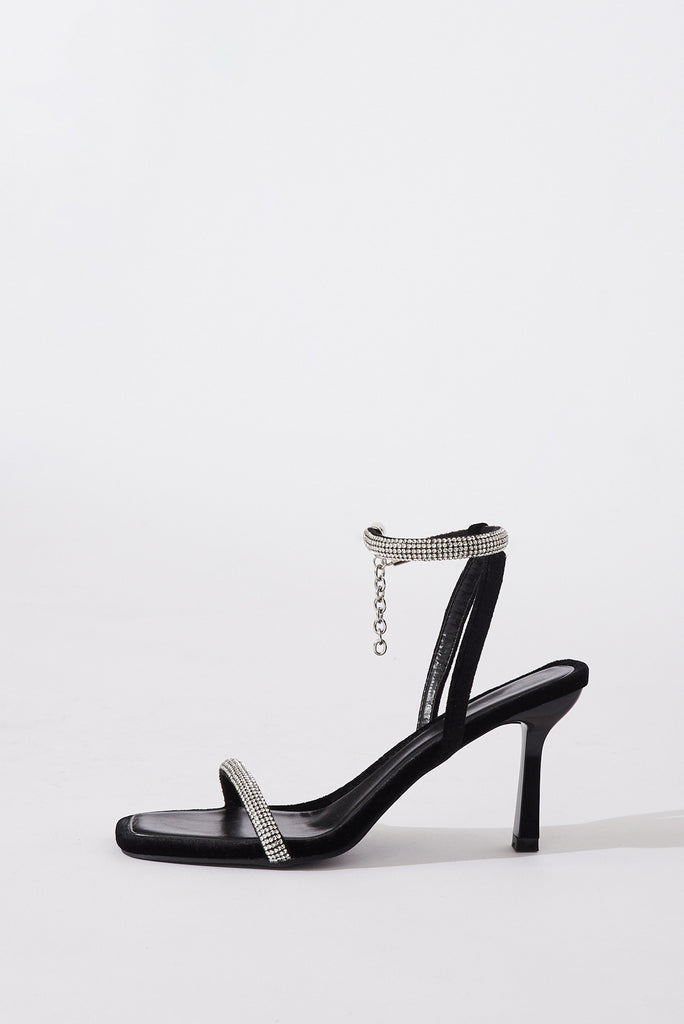 August + Delilah Alaiza Diamante Ankle Strap Velvet Stiletto Heels In Black - side