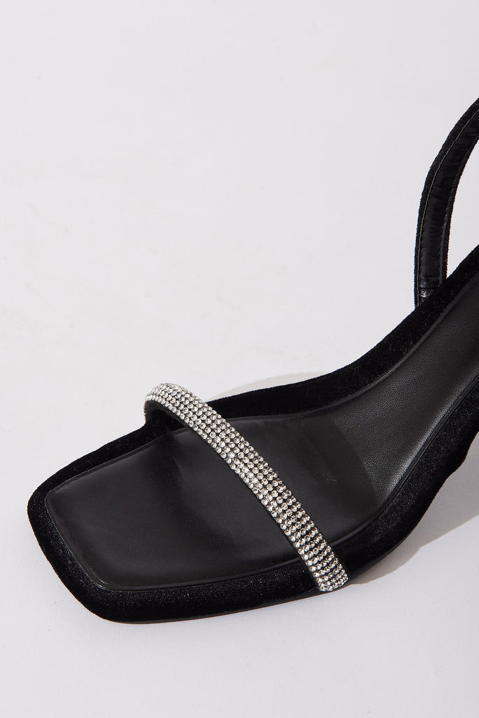 August + Delilah Alaiza Diamante Ankle Strap Velvet Stiletto Heels In Black - detail