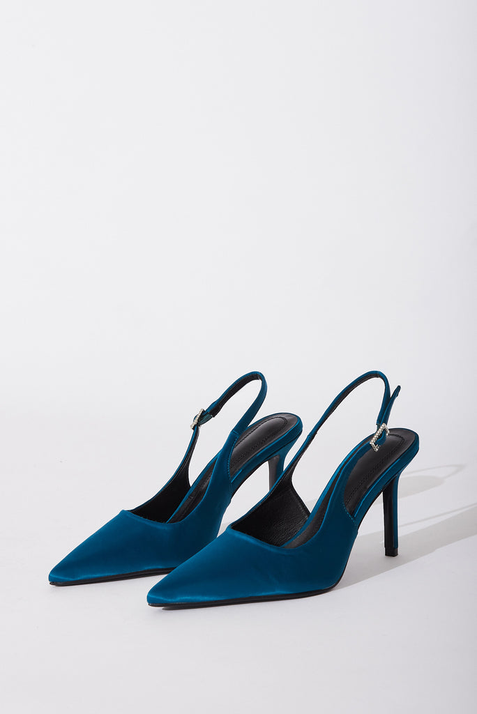 August + Delilah Gala Closed Toe Slingback Stiletto Heels In Teal Satin With Diamante Buckle - front