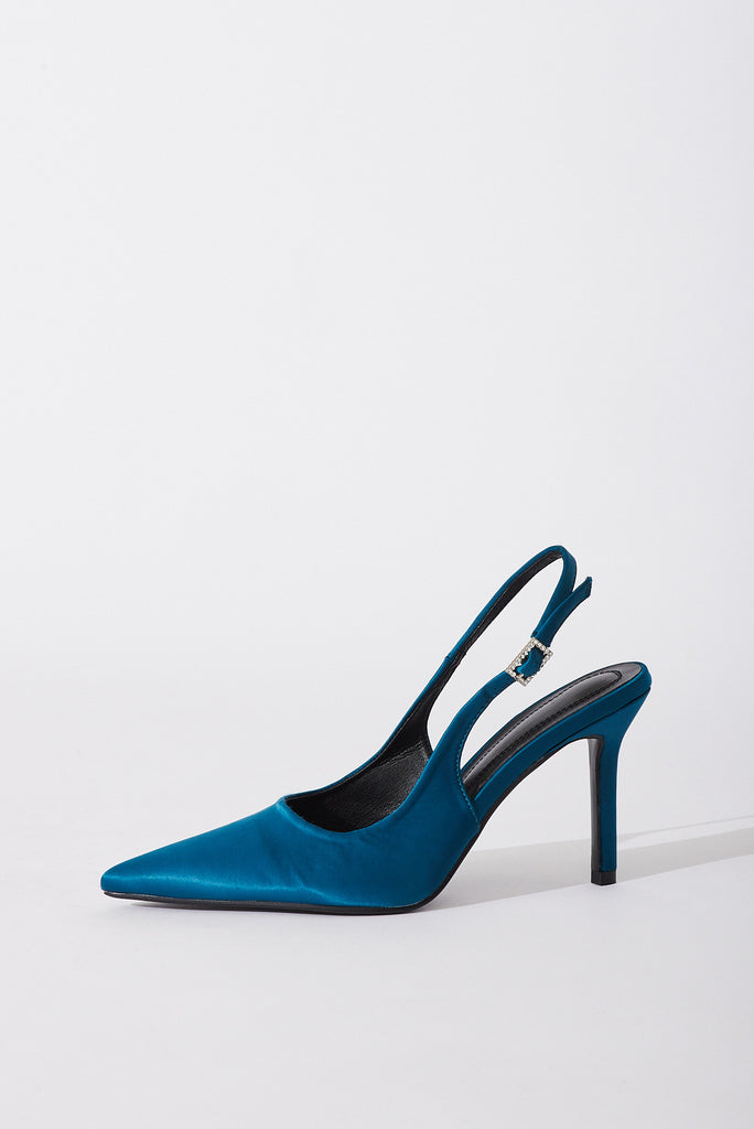 August + Delilah Gala Closed Toe Slingback Stiletto Heels In Teal Satin With Diamante Buckle - side
