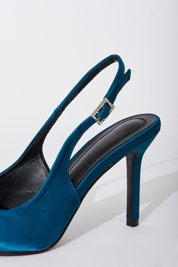 August + Delilah Gala Closed Toe Slingback Stiletto Heels In Teal Satin With Diamante Buckle - detail