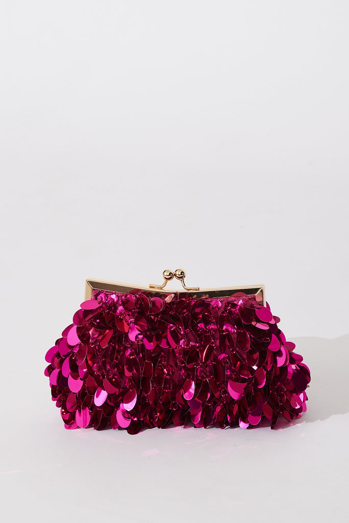 August + Delilah Leah Clutch Bag In Pink Sequin - front