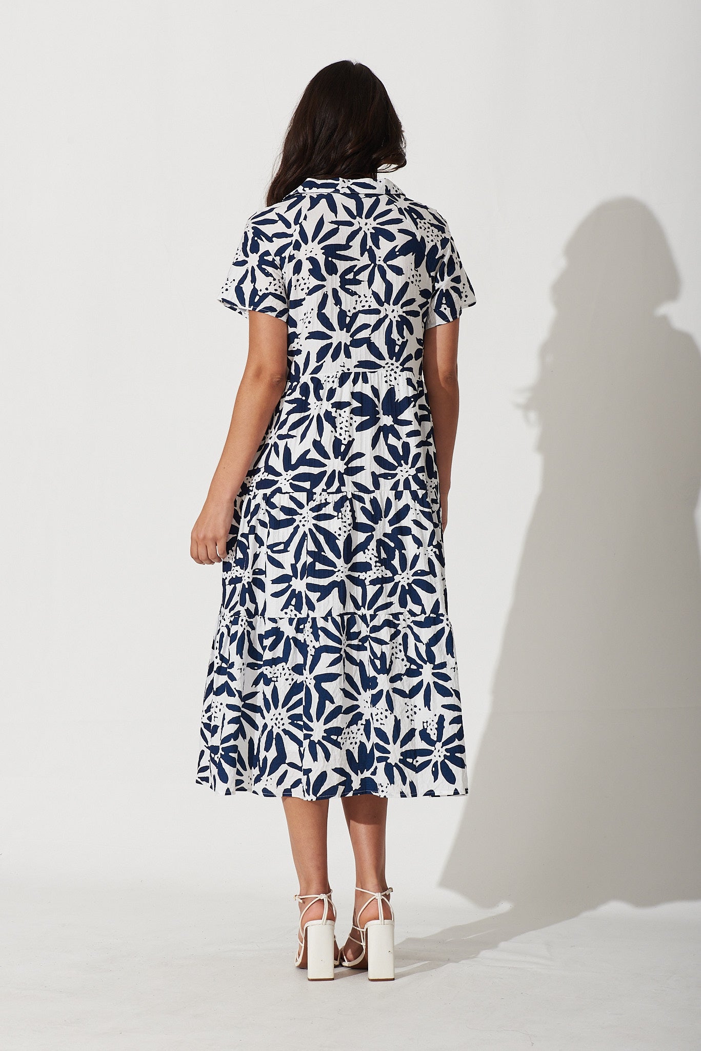 Mila Midi Shirt Dress In Navy With White Floral Cotton Blend – St Frock