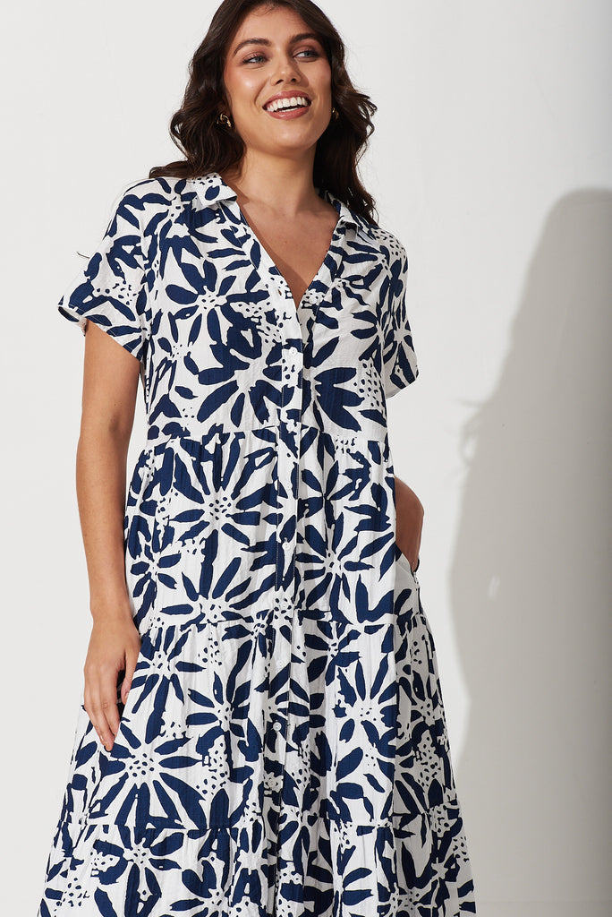 Mila Midi Shirt Dress In Navy With White Floral Cotton Blend -  front