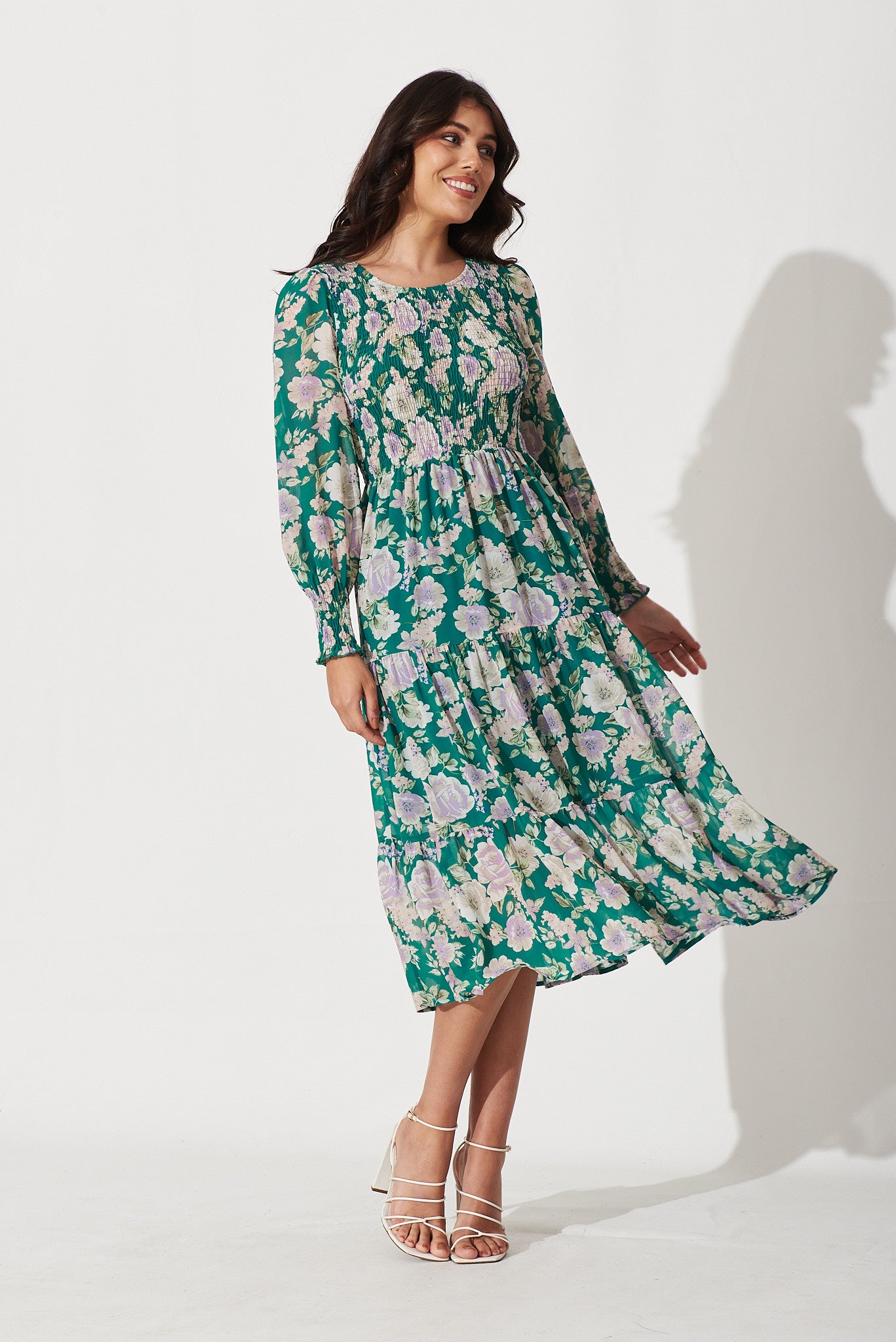 Petula Midi Dress In Teal With Multi Floral Print - full length