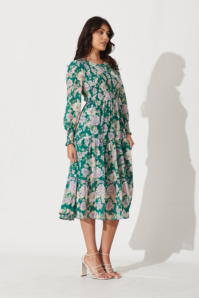Petula Midi Dress In Teal With Multi Floral Print - side
