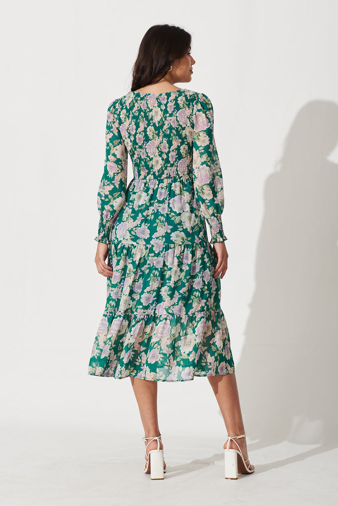 Petula Midi Dress In Teal With Multi Floral Print - back