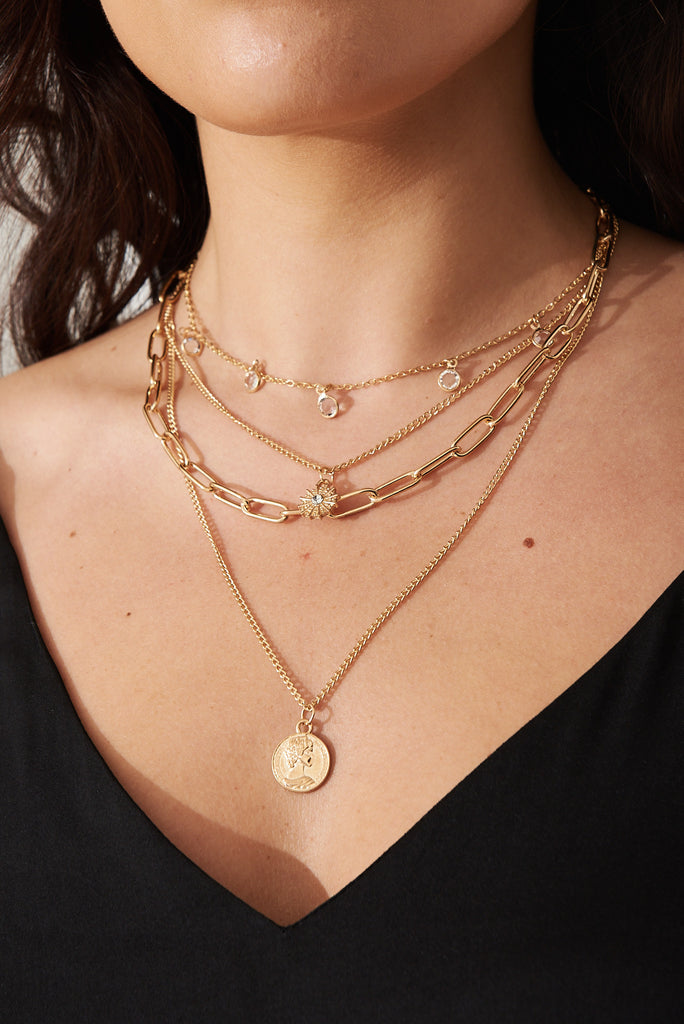 August + Delilah Darina Layered Necklace In Gold With Clear Stones - detail