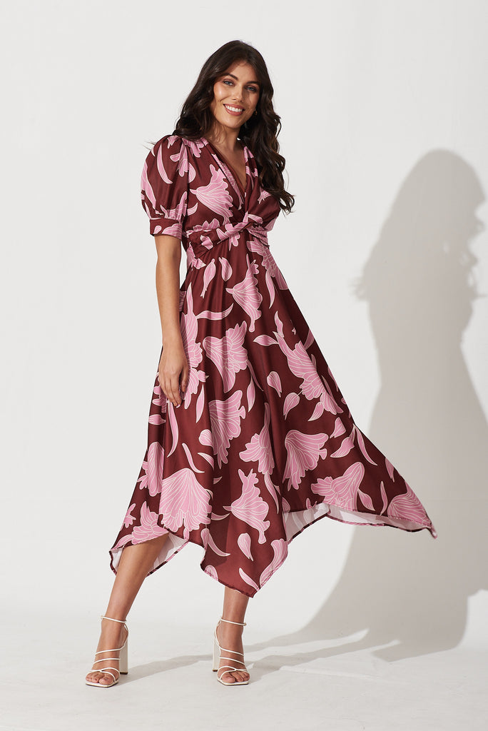 Rosie Midi Dress In Burgundy With Pink Floral - full length