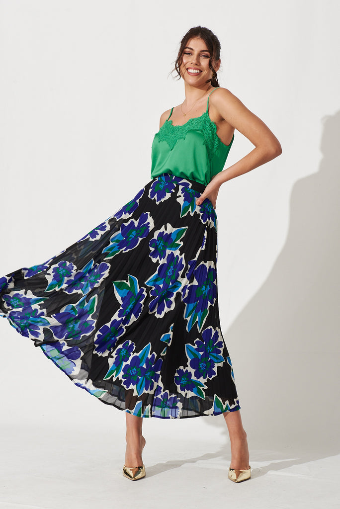 Tallie Midi Pleat Skirt In Black With Blue Floral Chiffon Print - full length