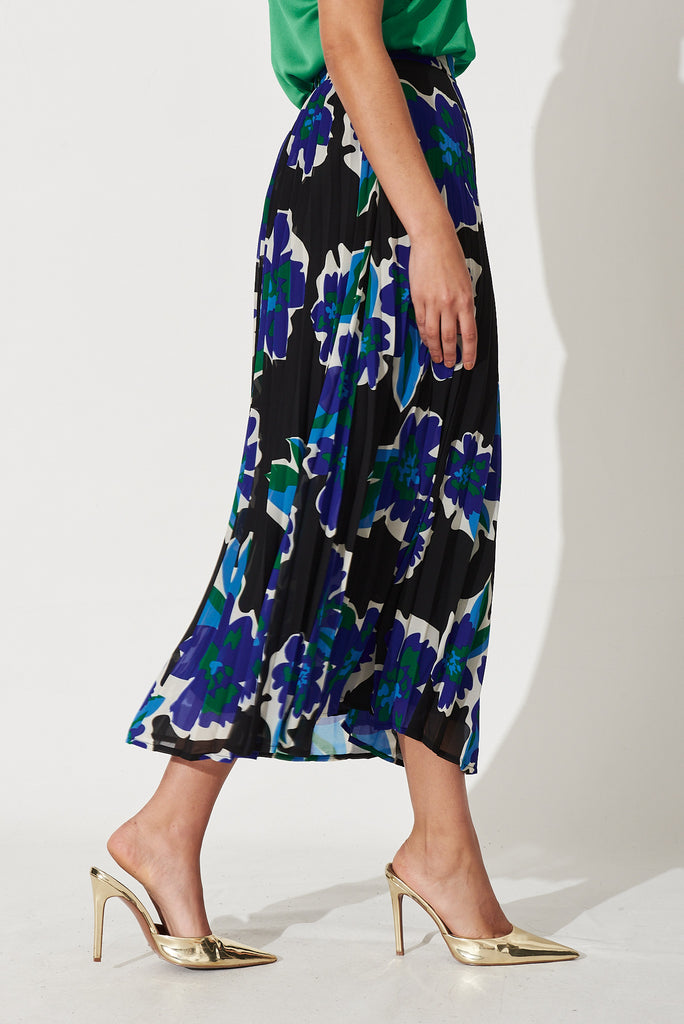 Tallie Midi Pleat Skirt In Black With Blue Floral Chiffon Print - side