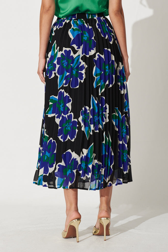 Tallie Midi Pleat Skirt In Black With Blue Floral Chiffon Print - back