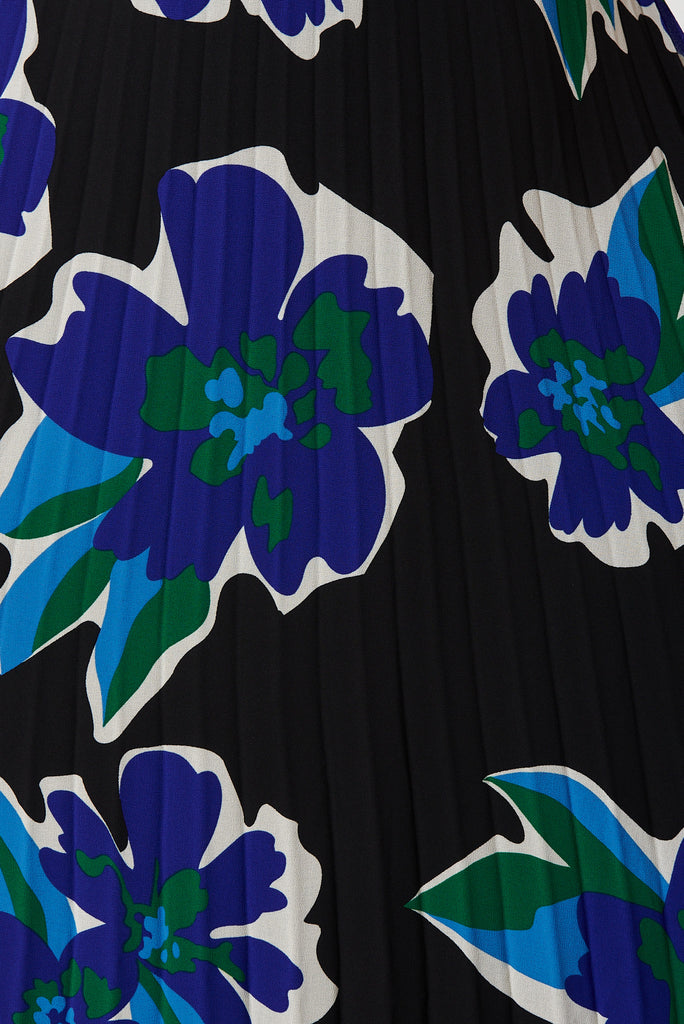Tallie Midi Pleat Skirt In Black With Blue Floral Chiffon Print - fabric