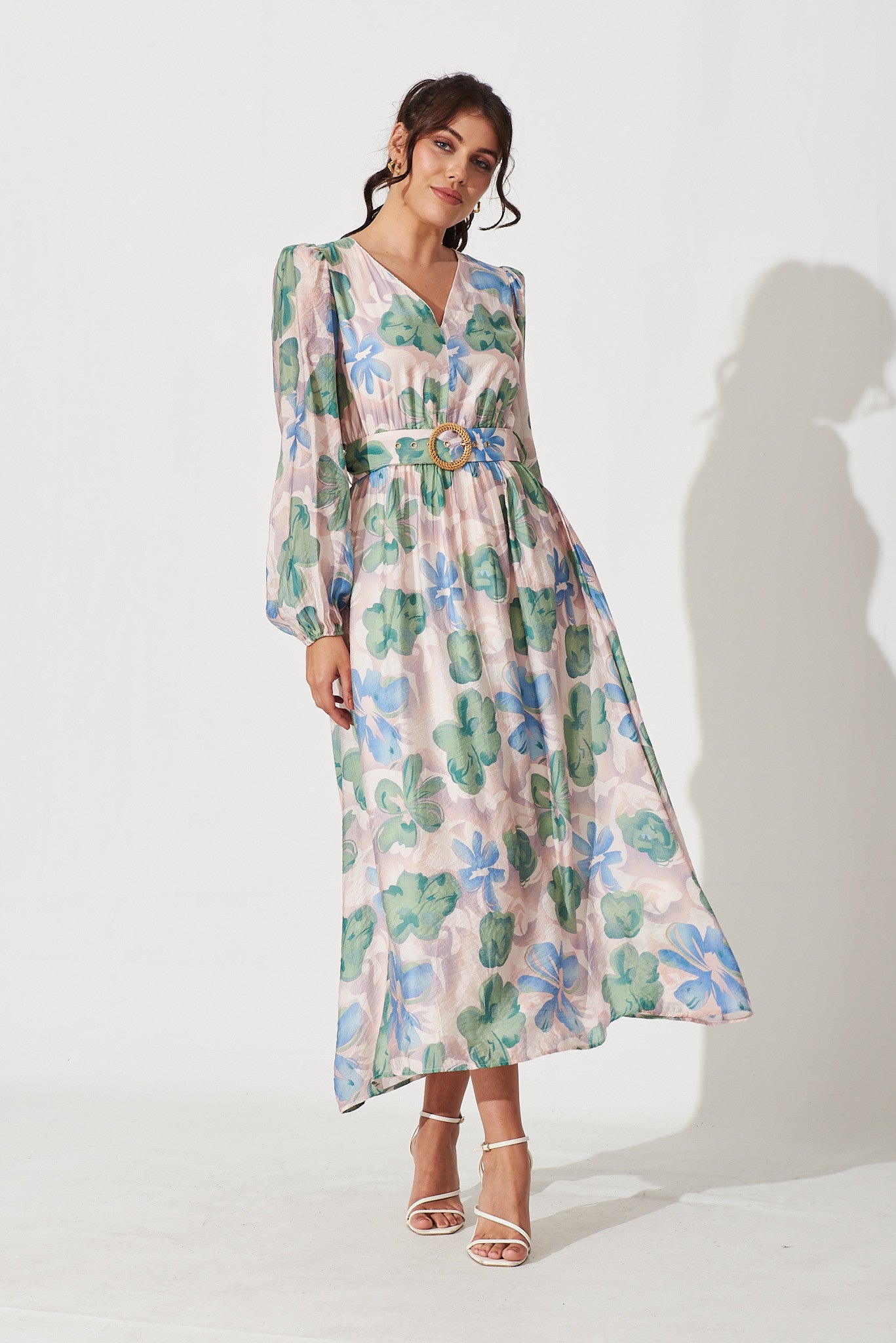 Green long sleeve floral dress hotsell